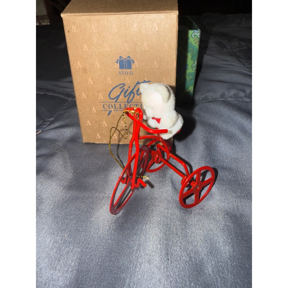 Vintage Avon Teddy Bear Collection Ornament Teddy on Trike Red Tricycle with Box